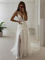 A Line V Neck Court Train Tulle Wedding Dresses With Leg Slit