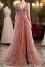 A-Line Prom Dresses Elegant Dress Party Wear Court Train Sleeveless V Neck Polyester With Pearls Embroidery