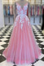 A-Line Prom Dresses Princess Dress Formal Floor Length Sleeveless V Neck Tulle With Pleats Appliques