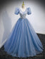 A-Line Prom Dress Puffy Dresses Wedding Guest Quinceanera Floor Length Short Sleeve V Neck Tulle With Sequin