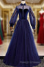 A-Line Prom Dress Vintage Dresses Prom Wear Floor Length Long Sleeve Stand Collar Tulle With Bow(S) Strappy