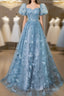 A-Line Puff Sleeves Lace Gray Blue Long Prom Dress, Gray Blue Formal Dress
