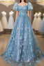 A-Line Puff Sleeves Lace Gray Blue Long Prom Dresses Gray Blue Prom Dresses