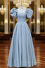 A Line Puff sleeves Long Blue Prom Dress, Square Neckline Blue Long Formal Dress