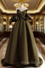 A Line Puff Sleeves Olive Green Satin Long Prom Dress, Olive Green Long Formal Dress