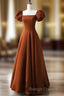 A-Line Puff Sleeves Satin Long Prom Dress, Long Evening Dresses
