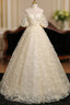 A-Line Puff Sleeves Tulle Lace Champagne Long Prom Dress, Champagne Formal Dress