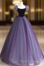 A-Line Puff Sleeves Tulle Velvet Purple Long Prom Dress, Purple Long Formal Dress