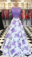 A-Line Purple Floral Lace Two Piece Prom Dress With Bowknot