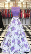 A Line Purple Floral Lace Two Piece Prom Dresses With Bowknot