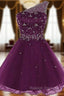 A Line Purple Tulle One Sholuder Beading Crystal Homecoming Dresses