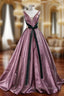 A-Line Purple V-neck Pleats Long Prom Dress With Green Velvet