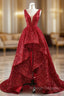 A Line Red Sequins V Neck Prom Dresses