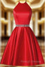 A-Line Red Satin Halter Beaidng Crystal Homecoming Dress With Pocket