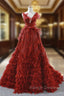 A Line Red Sequins Feather V Neck Deep Backless Wedding Dress