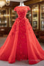 A-Line Red Tulle Appliques Cap Sleeve Prom Dress With Removable Train