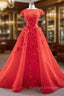 A Line Red Tulle Appliques Cap Sleeve Prom Dress With Removable Train