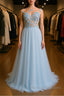 A Line Round Neck Baby Blue Lace Prom Dresses Long with Butterfly Baby Blue Lace Prom Graduation Prom Dresses