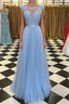 A Line Round Neck Blue Lace Appliques Tulle Long Prom Dress Blue Lace Graduation Dress Blue Prom Dress