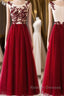A Line Round Neck Burgundy Lace Tulle Long Prom Dresses Burgundy Lace Prom Dresses Burgundy Lace Graduation Dresses