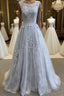 A Line Round Neck Lace Grey Prom Dress Lace Grey Prom Dress