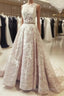 A-Line Round Neck Sleeveless Ruched Lace Long Prom Wedding Dresses With Belt