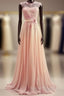 A Line Round Neck Sweep Train Lace Coral Prom Dress, Formal Dresses, Lace Bridesmaid Dress