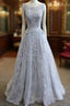 A-Line Round Neck Tulle Lace Long Gray Prom Dresses Bridesmaid Dresses