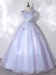A-Line Round Neck Tulle Lace Purple Long Prom Dresses Purple Prom Dresses