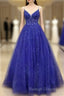 A-Line Royal Blue Prom Gown Long V-Neck Lace Prom Dresses Applique
