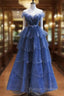 A-Line Royal Blue Tulle Beaded Long Senior Prom Dresses