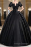 A-Line Satin Black Prom Dresses Long Quinceanera Dresses Short Sleeves Prom Dresses