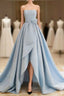 A-Line Satin Blue Long Prom Dress, Blue Satin Long Formal Dress
