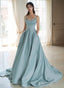 A Line Satin Blue Long Straps Prom Dress, Satin Long Prom Dress
