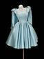 A-Line Satin Blue Short Formal Prom Dress With Bow Tie