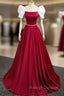 A-Line Satin Burgundy Long Prom Dresses, Puffy Sleeve Formal Evening Dress