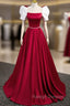 A Line Satin Burgundy Long Prom Dresses, Puffy Sleeve Formal Prom Dress