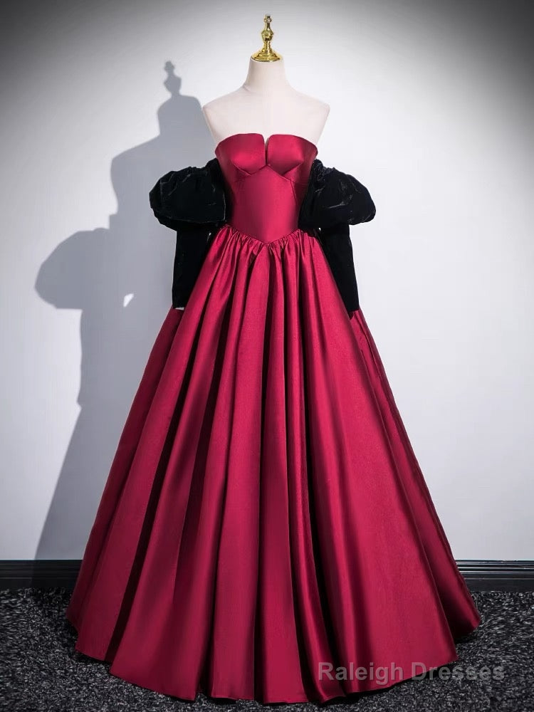 A-Line Satin Dark Red Long Prom Dress, Dark Red Evening Dress – Raleigh