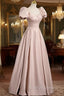 A Line Satin Floor Length Pink Corset Prom Dress, Off the Shoulder Prom Dress