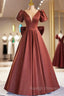 A Line Satin Floor Length Prom Dress, Elegant Short Sleeve Prom Prom Dress