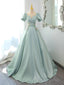 A-Line Satin Lace Applique Green Long Prom Dresses Green Long Prom Dresses