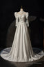 A-Line Satin Lace Long Sleeve Prom Dresses Elegant White High Neck Prom Dresses