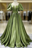A line Satin Long Green Prom Dresses, Green Formal Prom Graduation Dresses