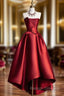 A-Line Satin Short Prom Dress, Burgundy Strapless High Low Party Dress