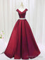 A-Line Satin V Neck Burgundy Long Prom Dress, Burgundy Formal Dresses