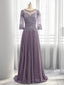 A Line Scoop 3/4 Sleeves Appliques Lace Sweep Train Chiffon Mother of the Bride Dress
