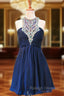 A-line Scoop Beaded Crystals Navy Blue Chiffon Short Homecoming Dress