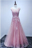 A-Line Scoop Floor-Length Pink Tulle Open Back Prom Dress With Appliques