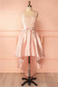 A-Line Scoop High Low Pink Satin Homecoming Dresses With Appliques