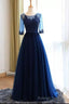 A Line Scoop Neck Dark Blue Long Prom Dresses With Sleeves